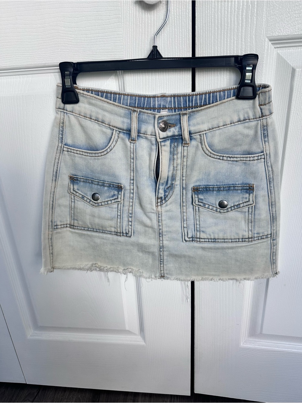 aerie Light Wash Denim Mini Skirt with Front Patch Pockets